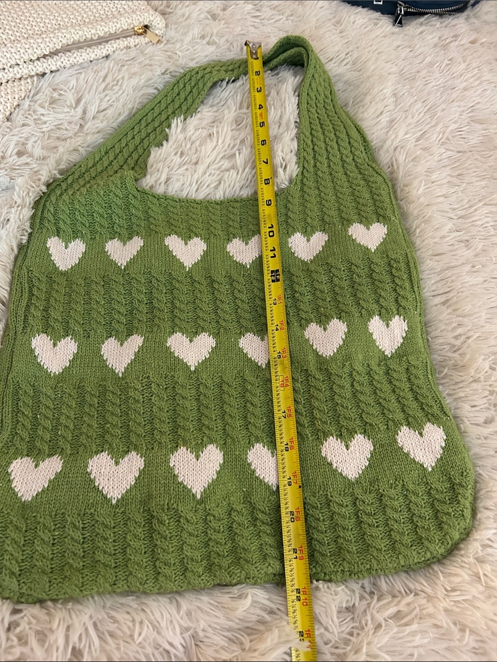 Green Knit Heart Pattern Shoulder Bag